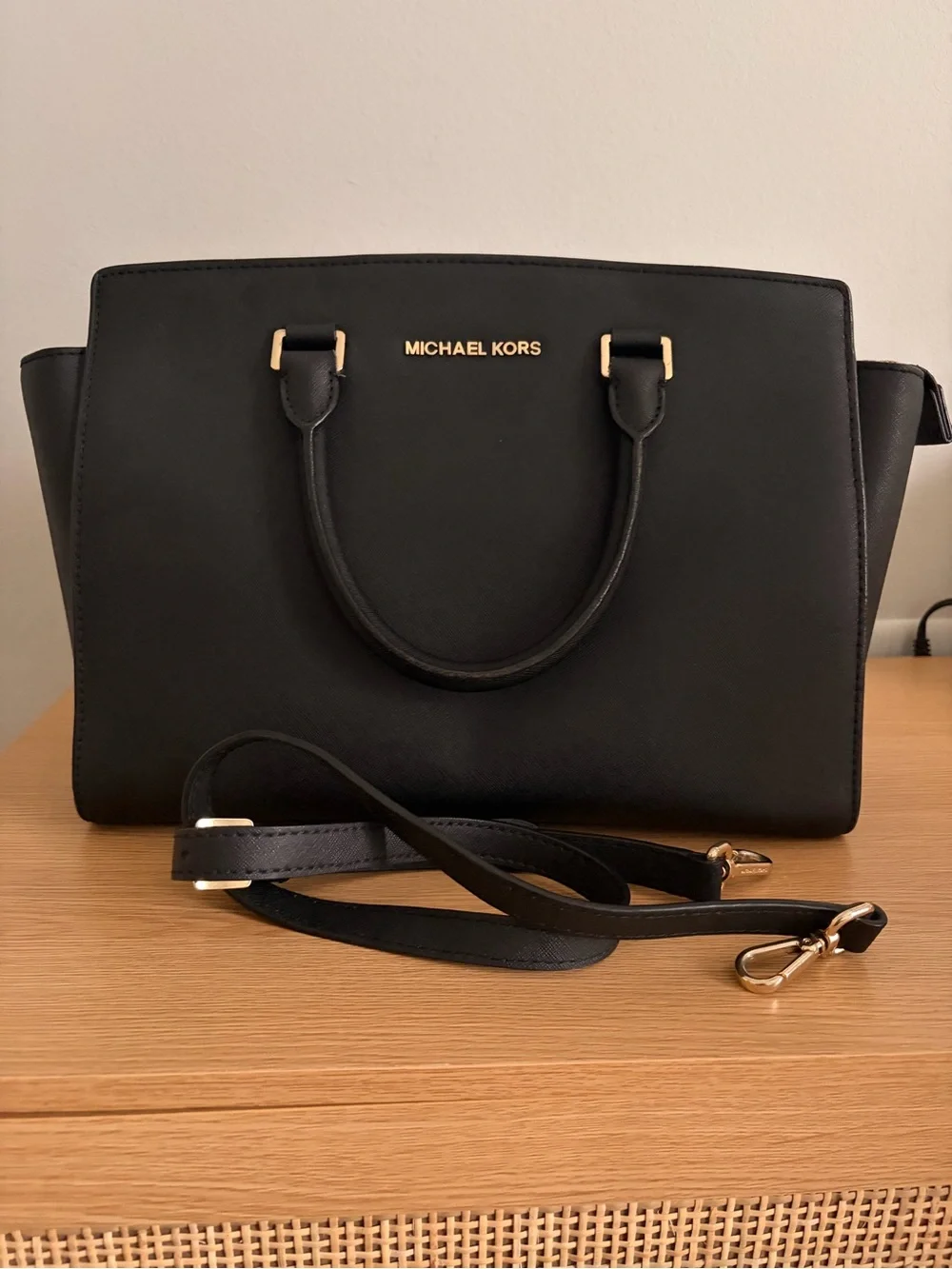 MICHAEL KORS Selma Black Saffiano Leather Satchel with Gold Hardware